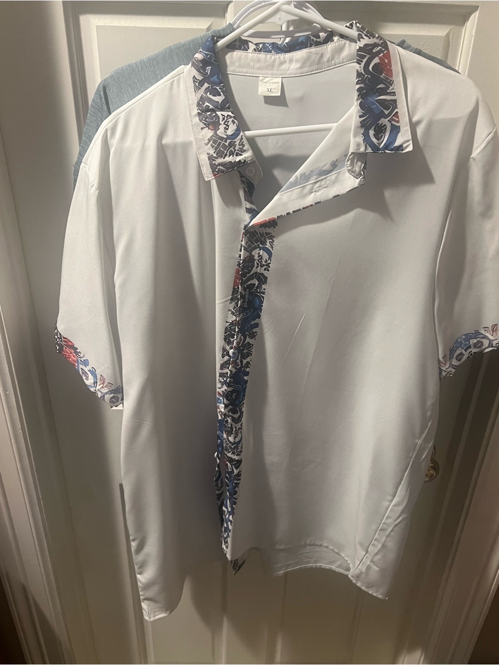 Men's White Short-Sleeve Shirt with Blue Floral Trim
